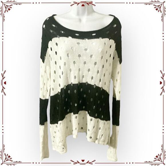 Larsen Gray Women's XL Black and White Distressed Open Knit Sweater - Picture 1 of 10